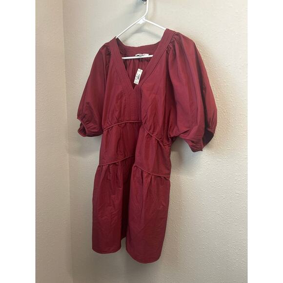 NWT Madewell Puff-Sleeve Mini Dress Poplin Fall Photos Tiered 100% cotton pocket - Picture 1 of 10